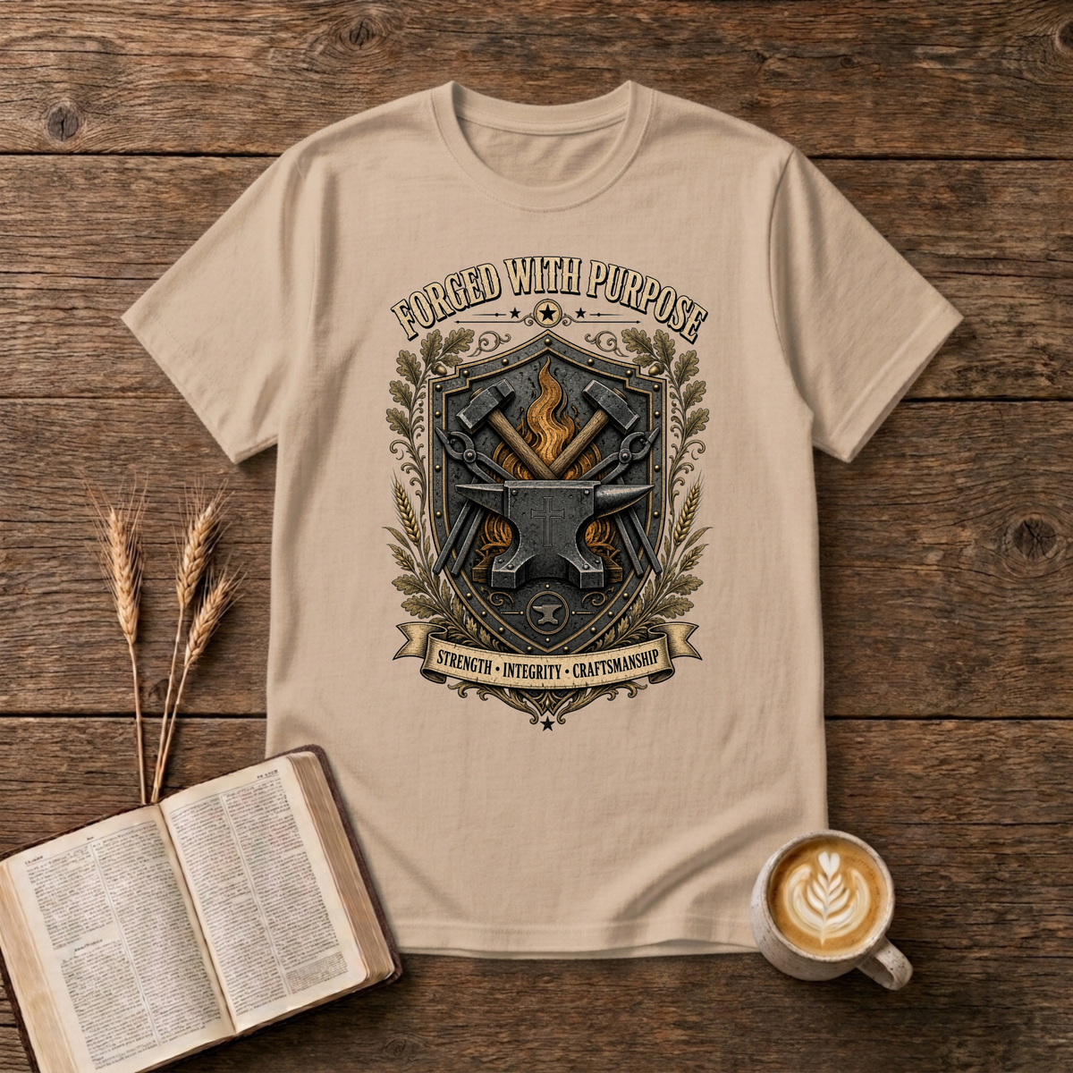 Forged With Purpose emblem of crossed hammers, an anvil and forge glow on a Natural unisex T-Shirt