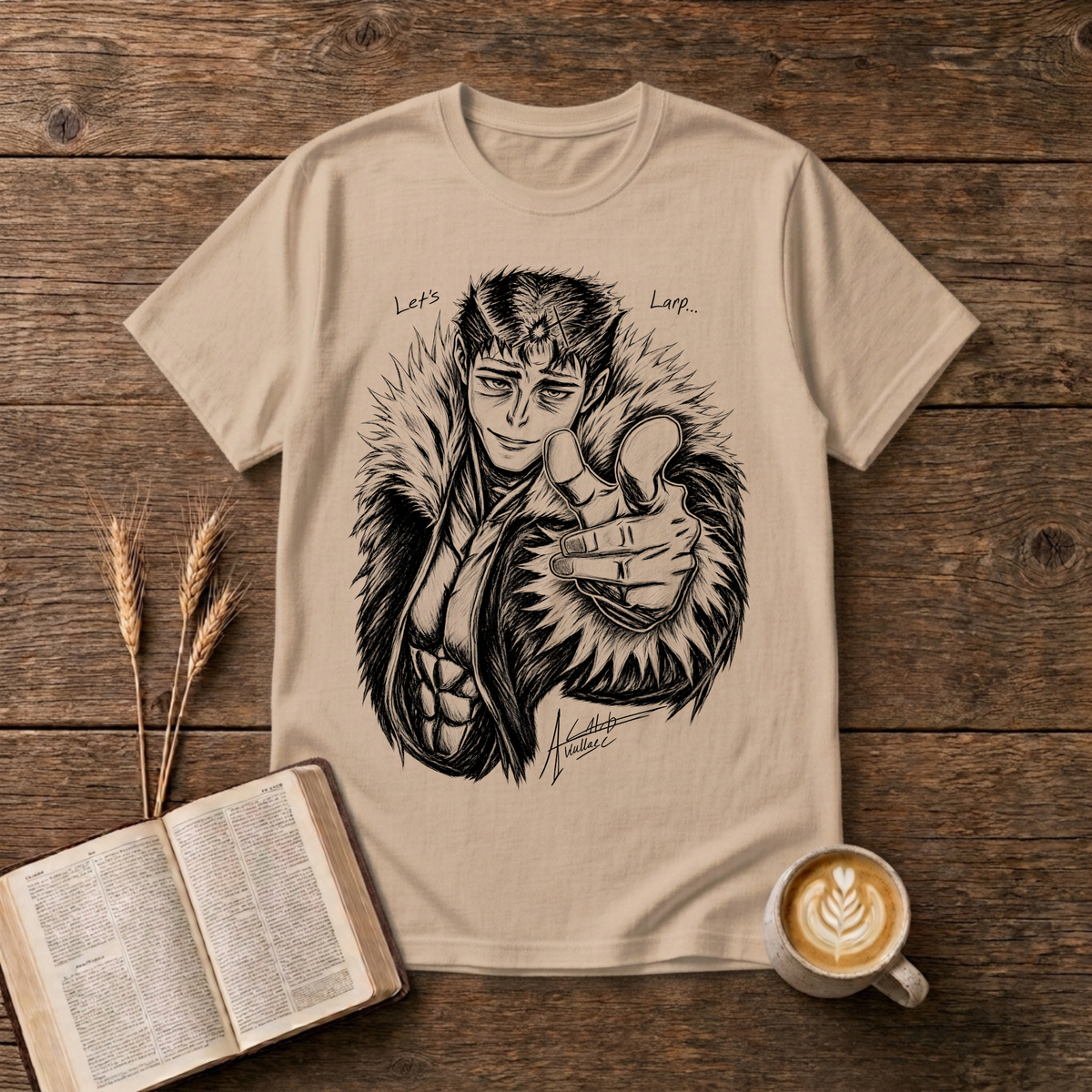 Monochrome anime character in a fur collar reaching out, Let's Larp on a Natural unisex T-Shirt