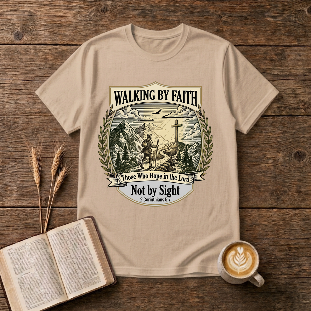 Walking by Faith grayscale scene with mountains, lone walker and cross on a hill on a Natural unisex T-Shirt