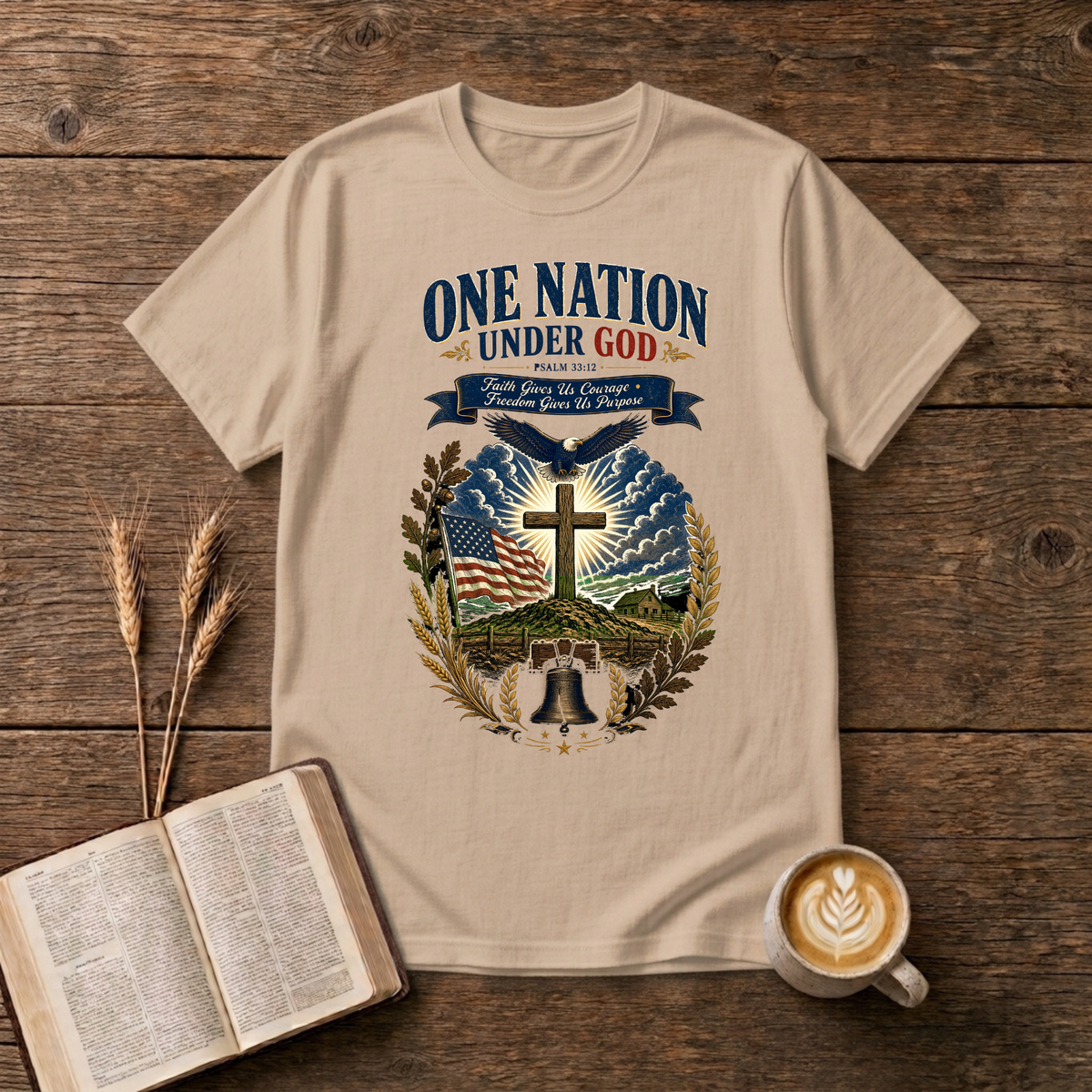 One Nation Under God design with eagle, cross and laurel wreath on a Natural unisex T-Shirt
