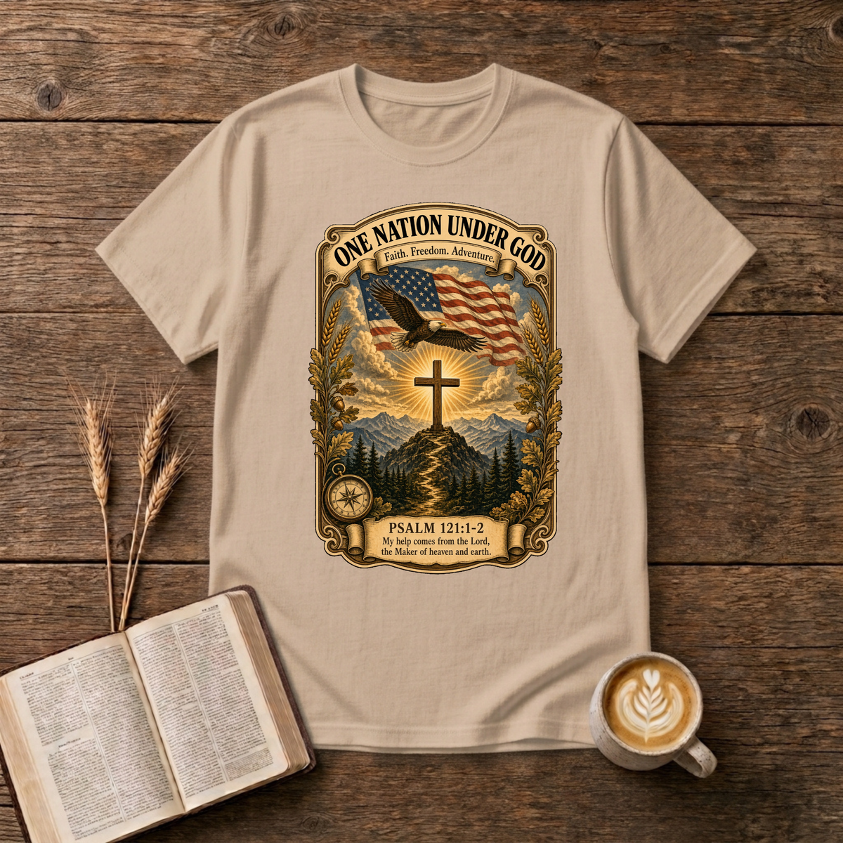 Waving flag, soaring eagle and simple cross over a misty landscape on a Natural unisex T-Shirt