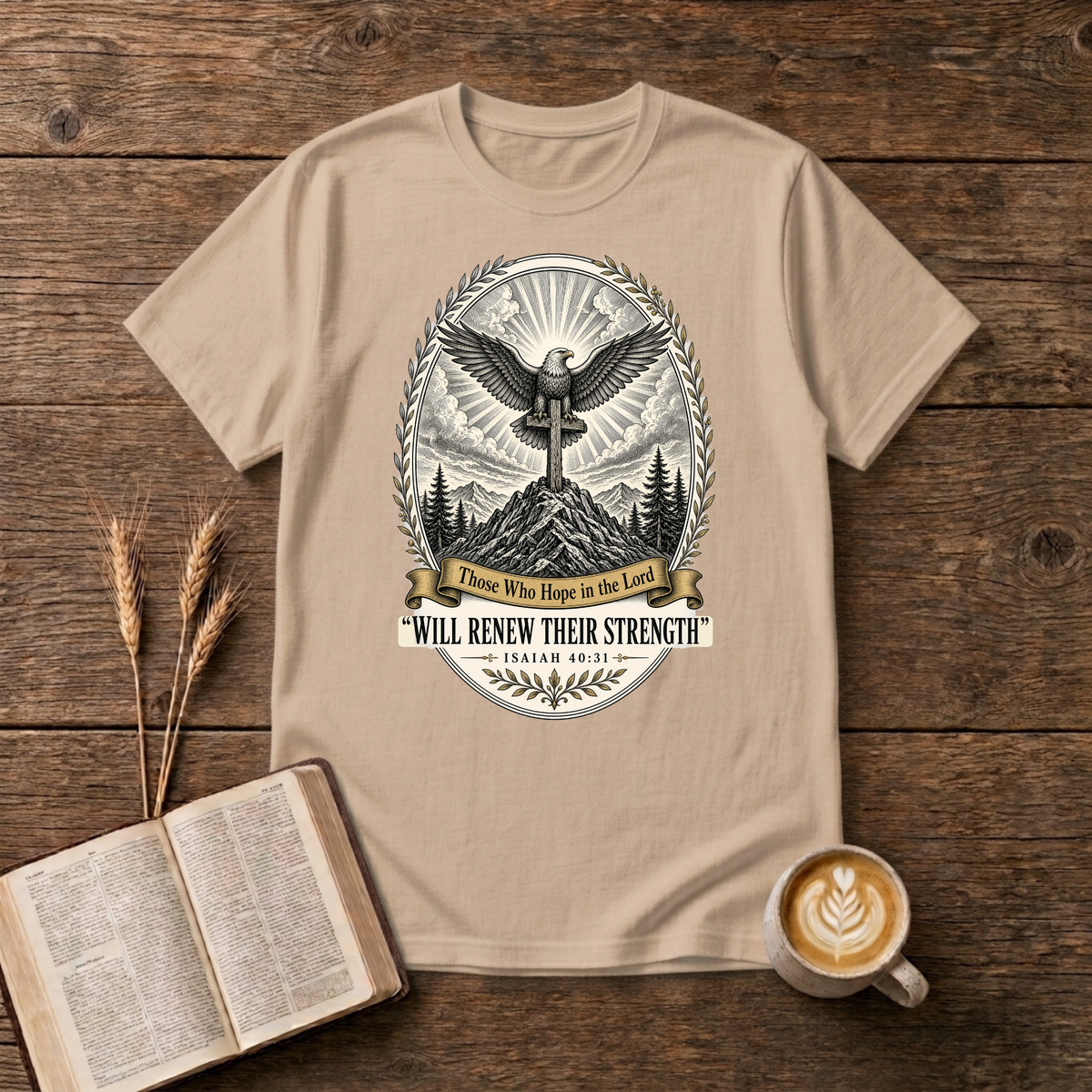 Grayscale eagle emblem with outstretched wings above a mountain landscape on a Natural unisex T-Shirt