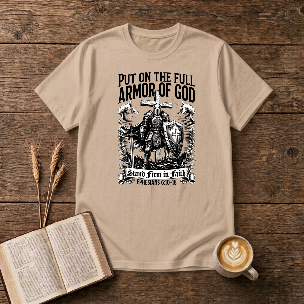 Black-and-white knight in armor with the words Put on the full Armor of God on a Natural unisex T-Shirt