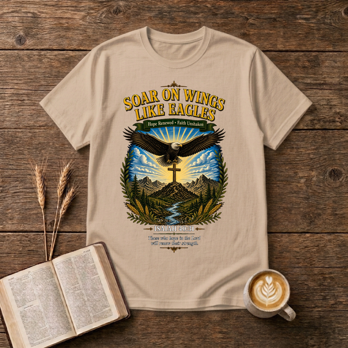 Vintage-style eagle artwork with Soar on Wings Like Eagles on a Natural unisex T-Shirt
