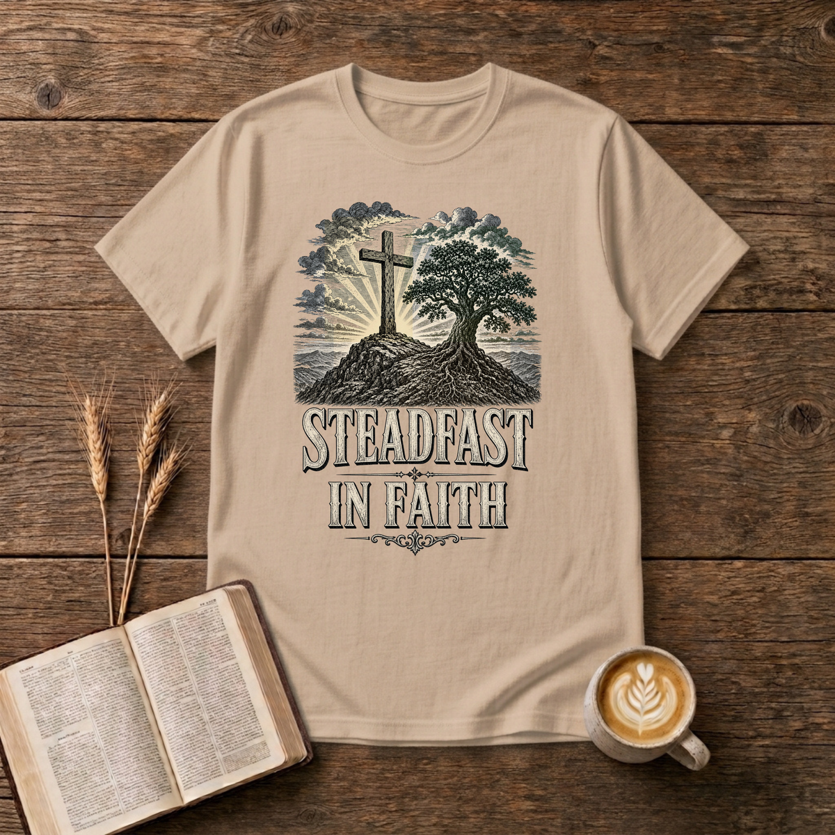 Weathered cross beside a steadfast tree on a rocky mound on a Natural unisex T-Shirt