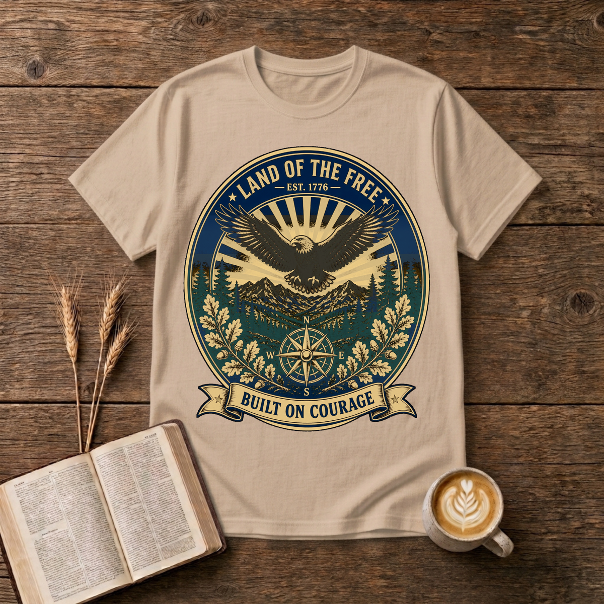 Vintage-style eagle emblem with Land of the Free and patriotic motifs on a Natural unisex T-Shirt