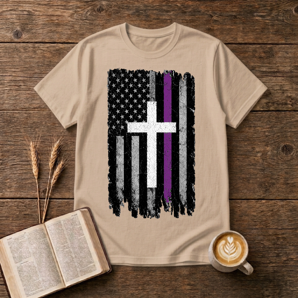Distressed American flag with a lavender stripe and white cross on a Natural unisex T-Shirt