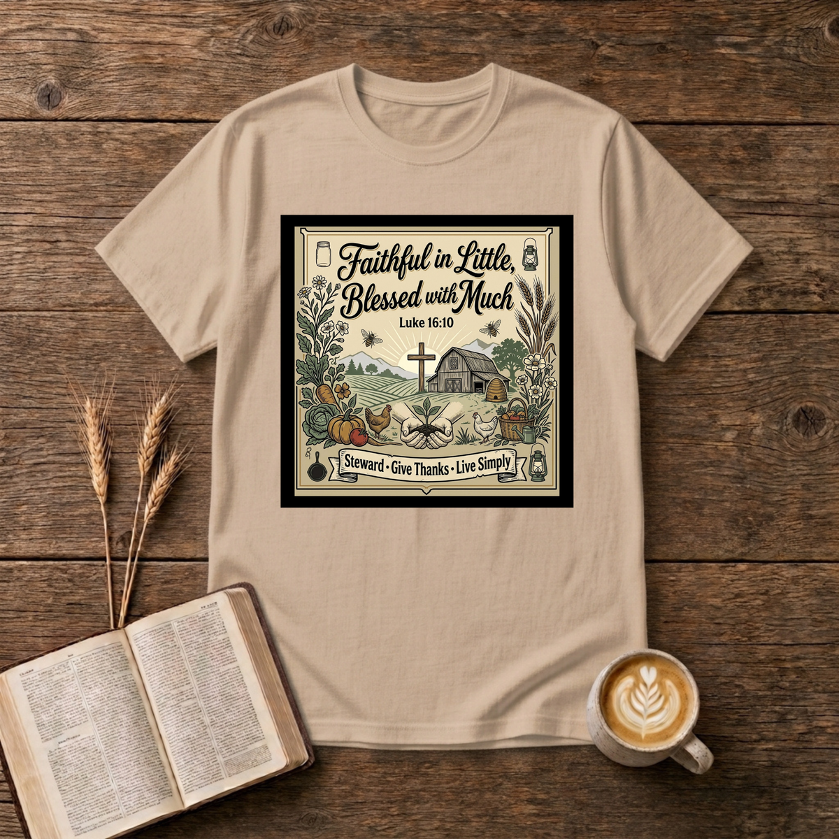 Faithful in Little Blessed with Much Luke 16:10 verse framed with a country chapel on a Natural unisex T-Shirt