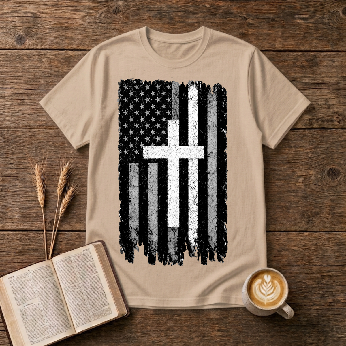 Vintage distressed stars-and-stripes flag with a thin white line on a Natural unisex T-Shirt