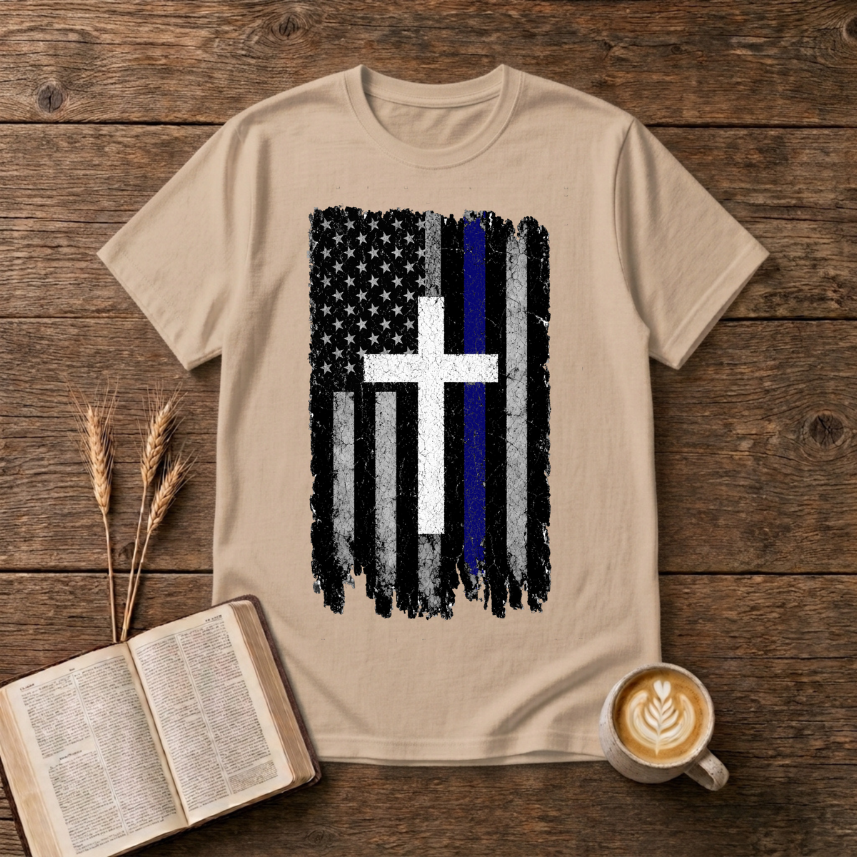 Faded black and white American flag with a thin blue line and cross on a Natural unisex T-Shirt