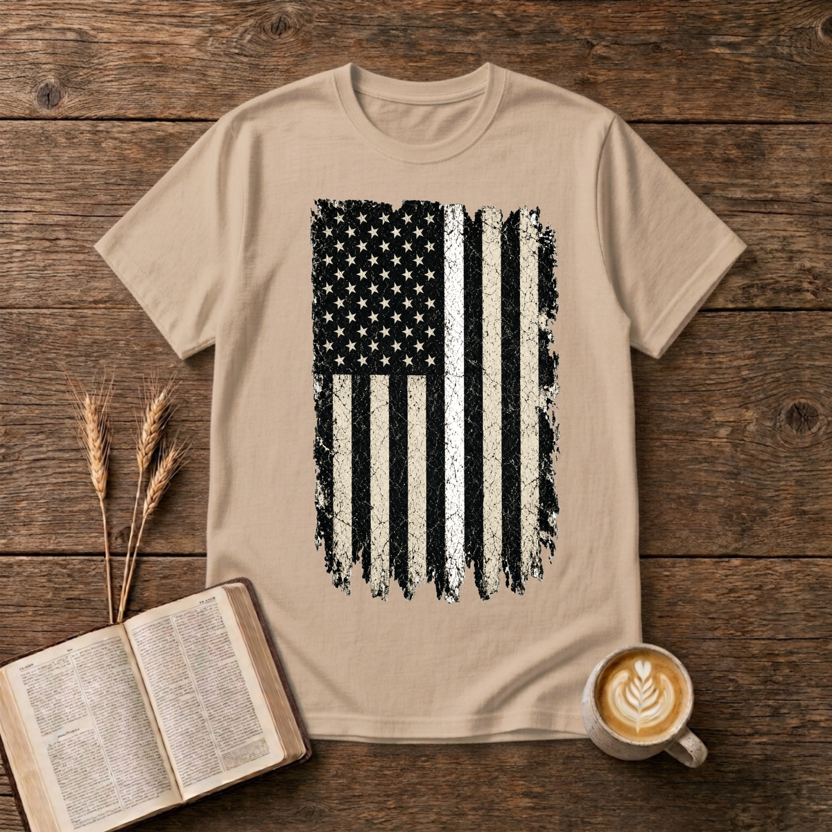 Weathered American flag with a thin white line on a Natural unisex T-Shirt