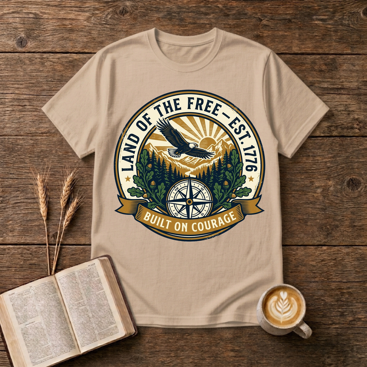 Faded emblem of an eagle gliding above pine silhouettes with a sunrise compass on a Natural unisex T-Shirt
