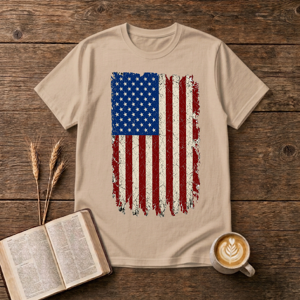 Distressed red, white and blue American flag with brushstroke edges on a Natural unisex T-Shirt.