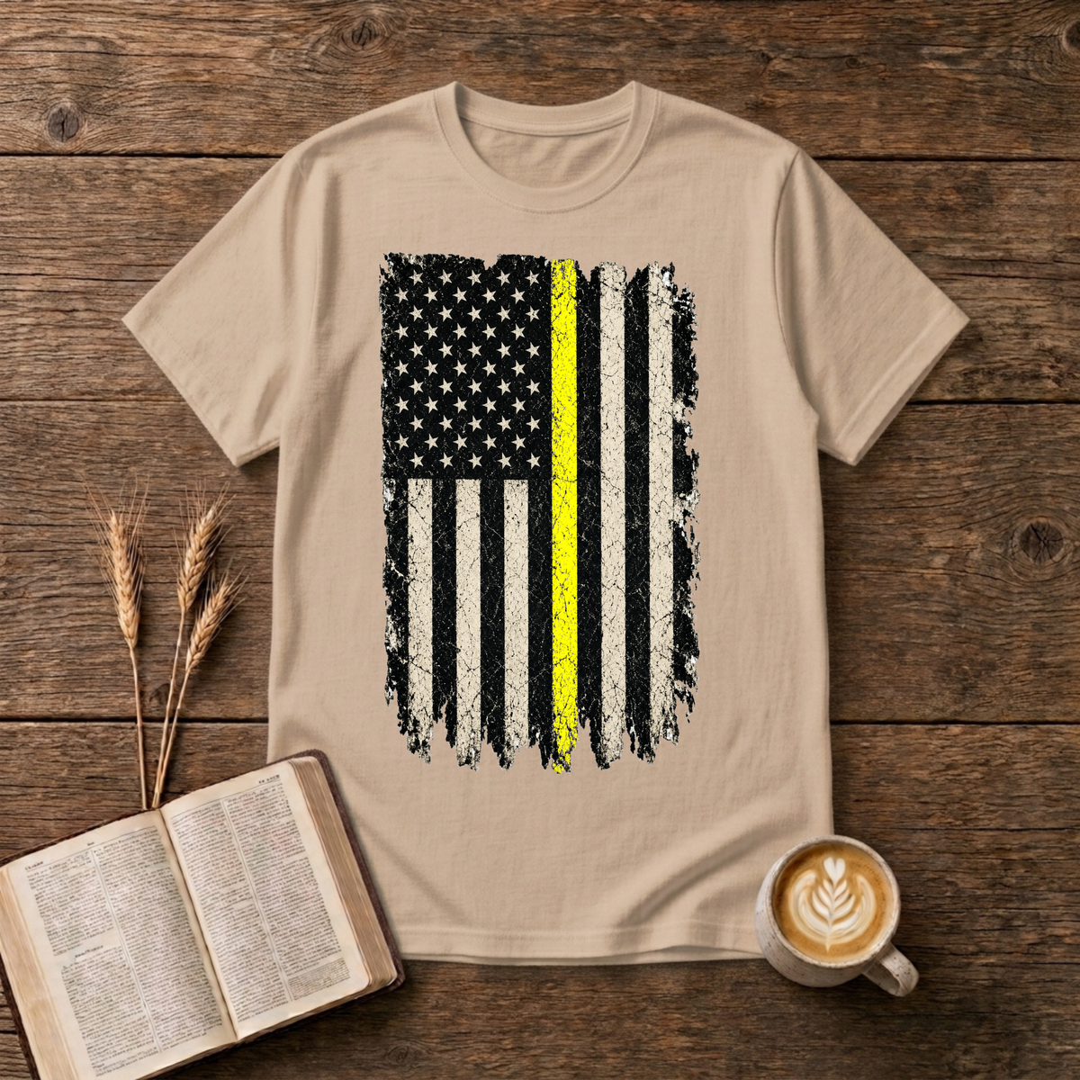 Vintage distressed American flag with a single yellow stripe on a Natural unisex T-Shirt