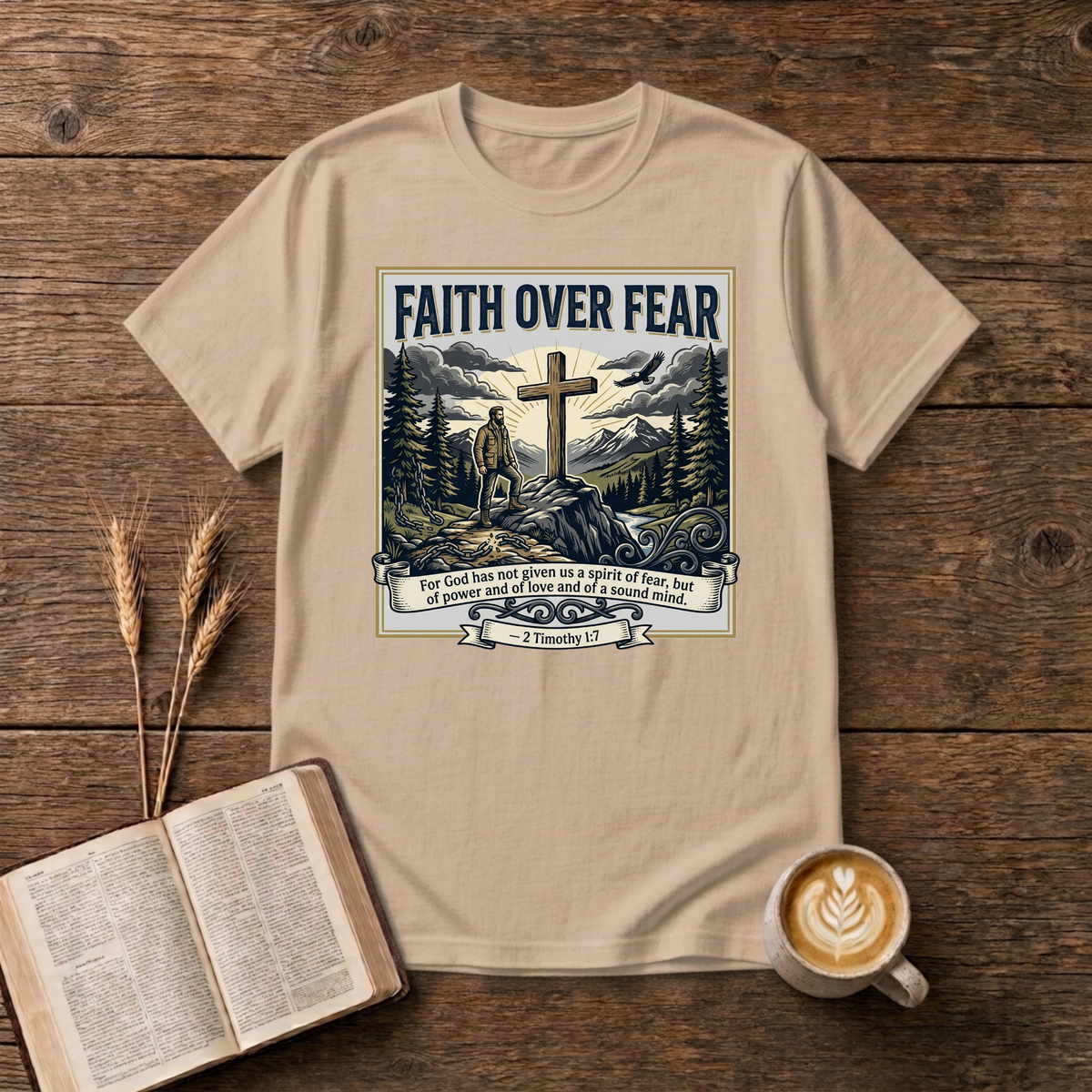 Faith Over Fear sketch of a cross on a rocky ridge with a hiker, pines and mountains on a Natural unisex T-Shirt