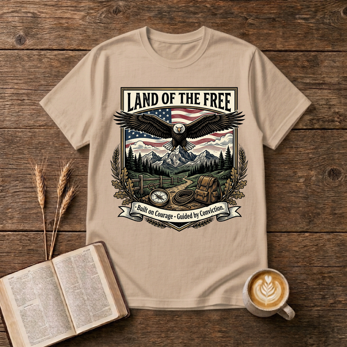 Monochrome eagle soaring above mountains and pines with a Land of the Free banner on a Natural unisex T-Shirt