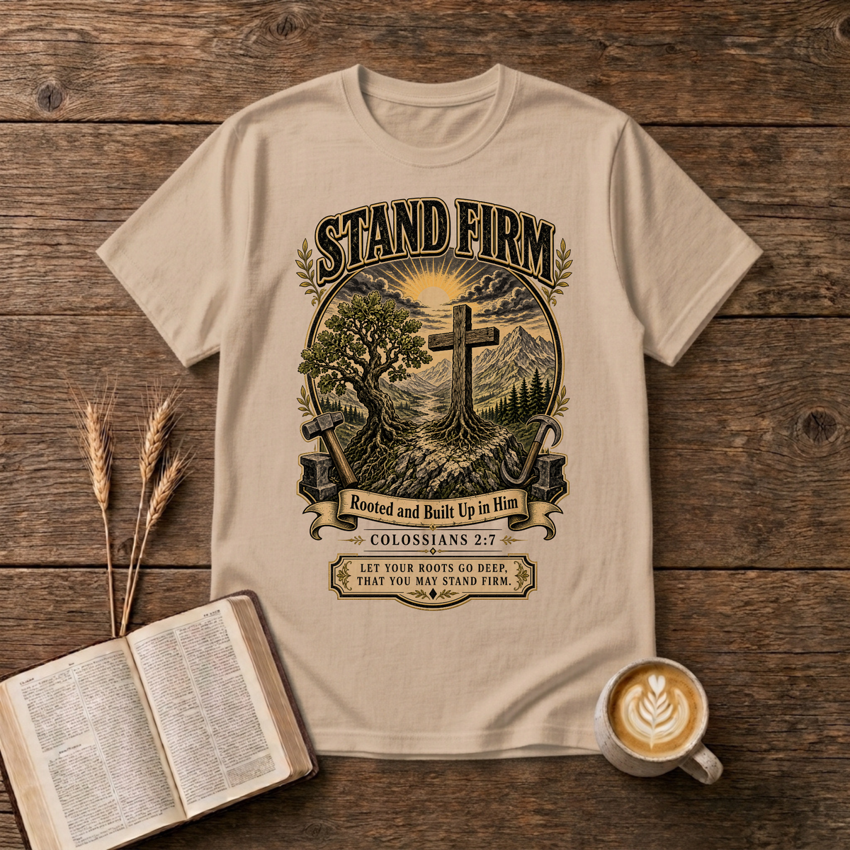 Stand Firm pastoral scene with a cross on a hill, oak trees and rising sun on a Natural unisex T-Shirt
