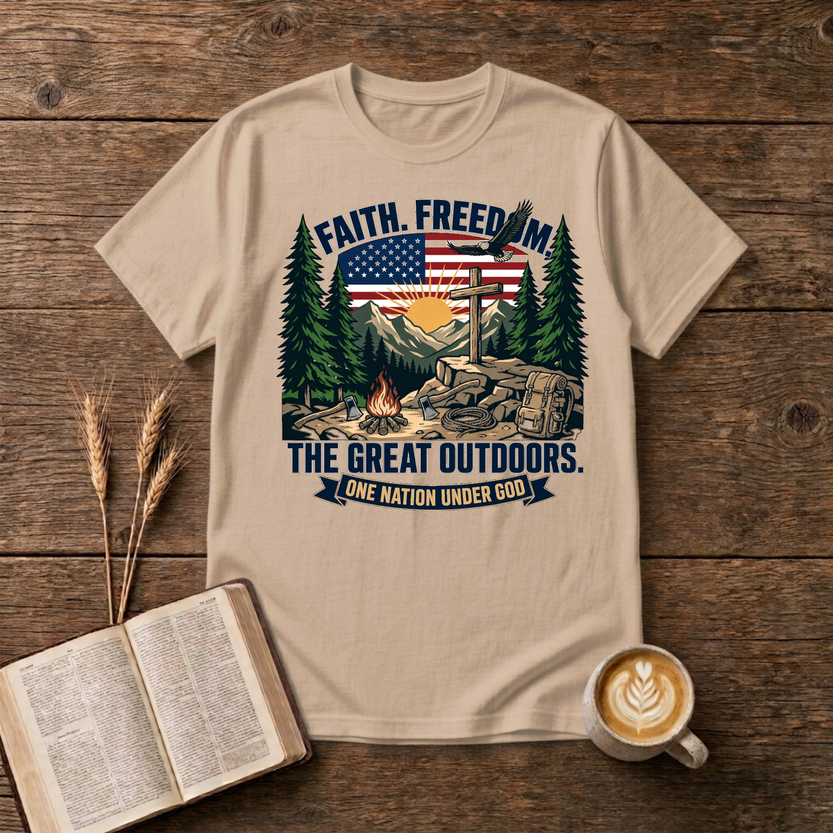 Cross on rock with bald eagle over the flag, mountain sunrise, pines and campfire on a Natural unisex T-Shirt