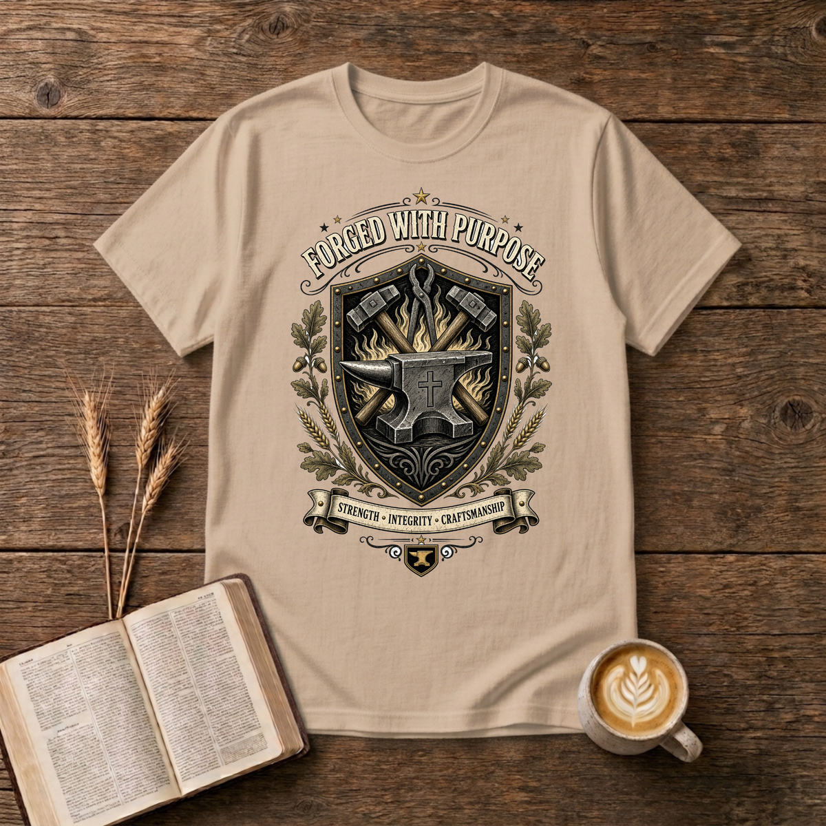 Monochrome blacksmith crest with anvil, hammer and forge flames framed by laurel on a Natural unisex T-Shirt