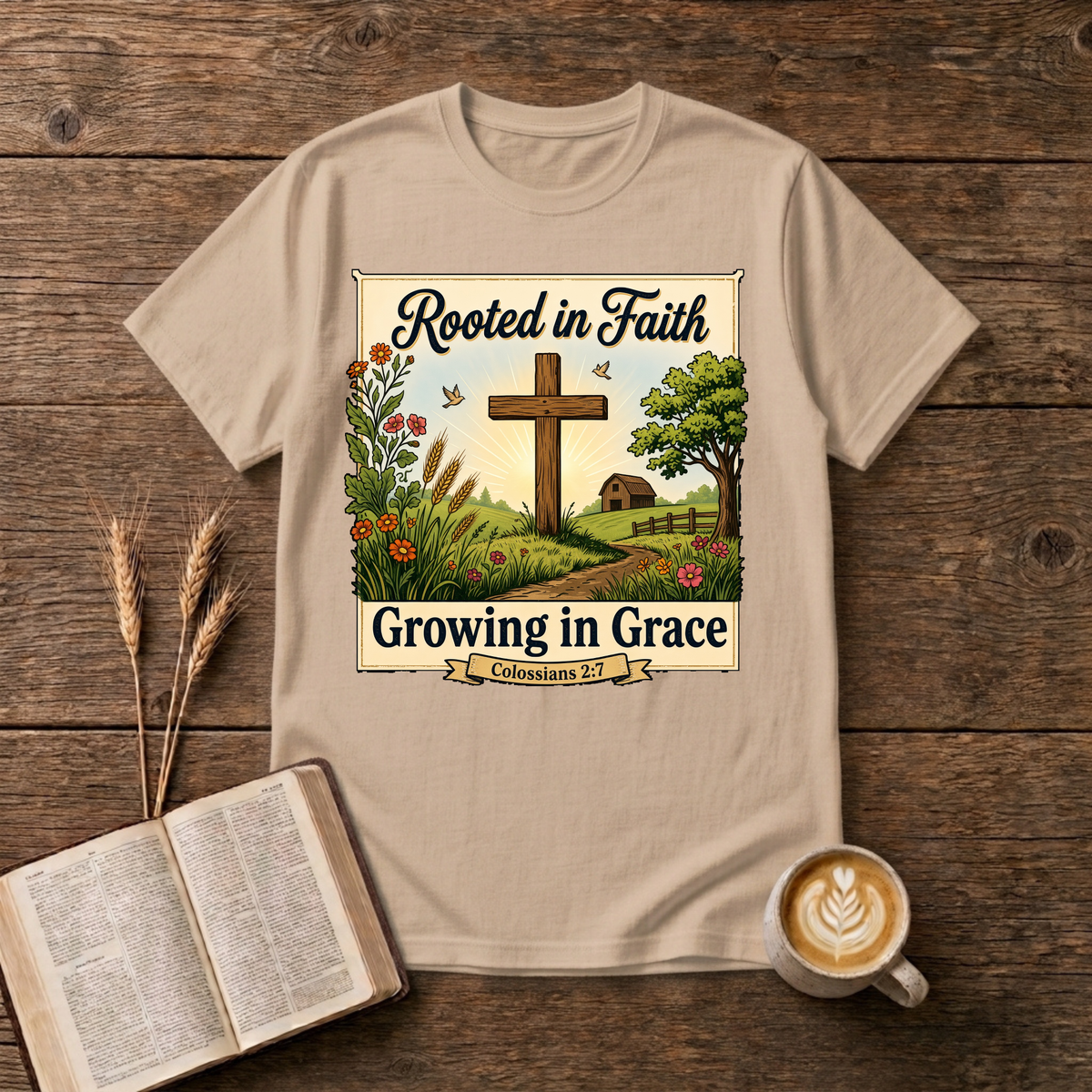 Rooted in Faith Growing in Grace design with a cross, grasses and small farmhouse on a Natural unisex T-Shirt