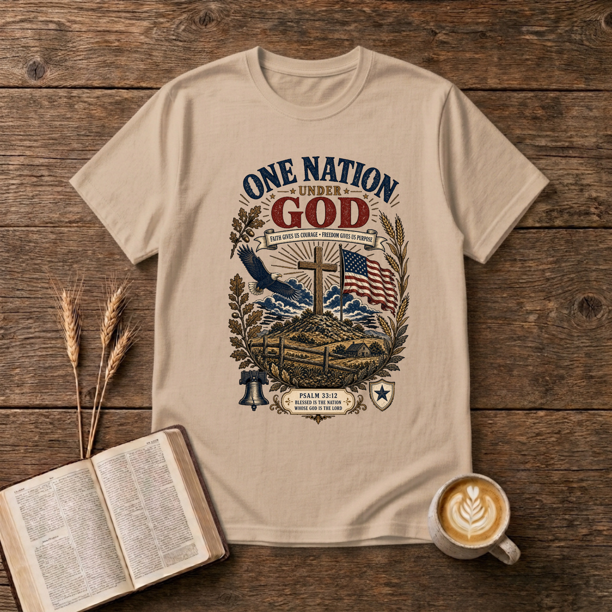 One Nation Under God design with a cross, waving flag, eagle and laurel sprigs on a Natural unisex T-Shirt