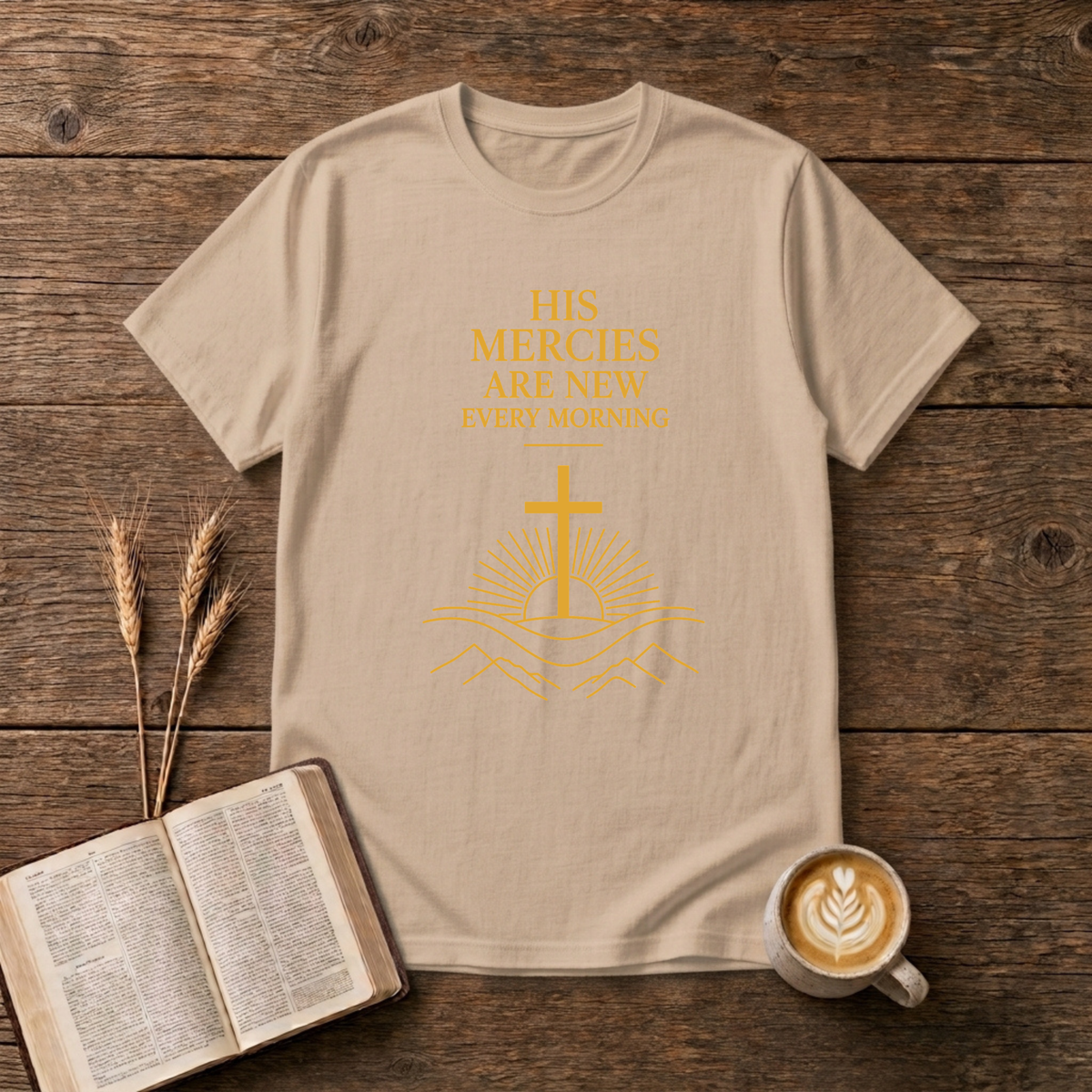 Minimalist serif lettering reading His mercies are new every morning on a Natural unisex T-Shirt