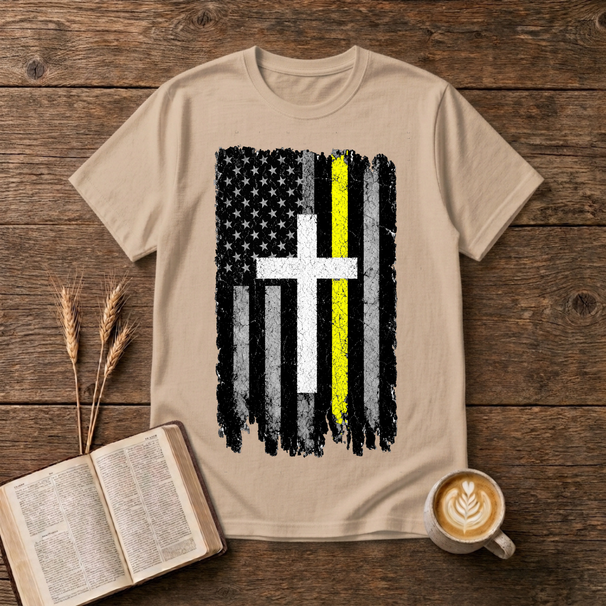 Distressed American flag with a vertical yellow line on a Natural unisex T-Shirt