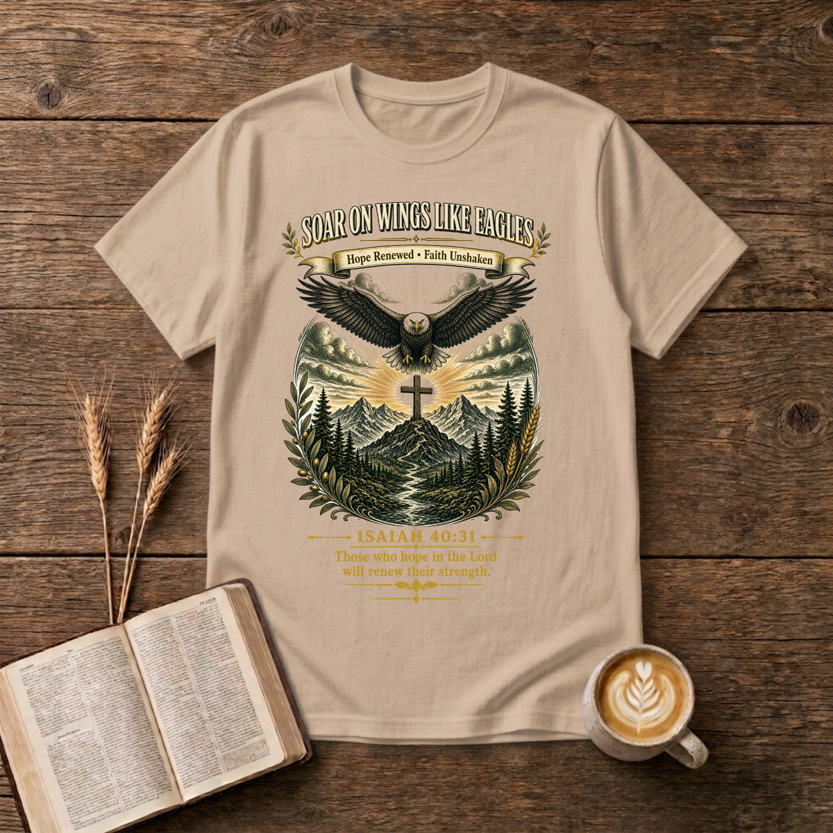Eagle in mid-flight over a cross at sunrise and a forest on a Natural unisex T-Shirt