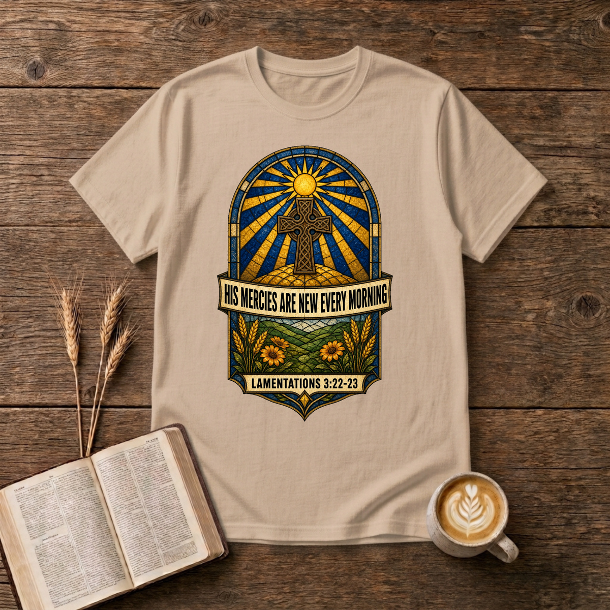 Emblem with sunbeams above a winding path, florals and His mercies banner on a Natural unisex T-Shirt