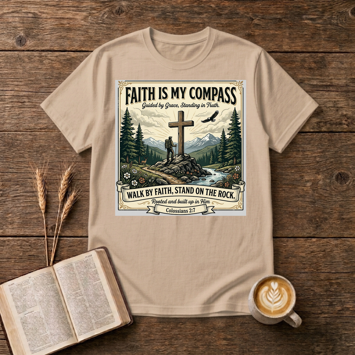 Faith Is My Compass design of a cross among pines with a lone hiker and soaring eagle on a Natural unisex T-Shirt