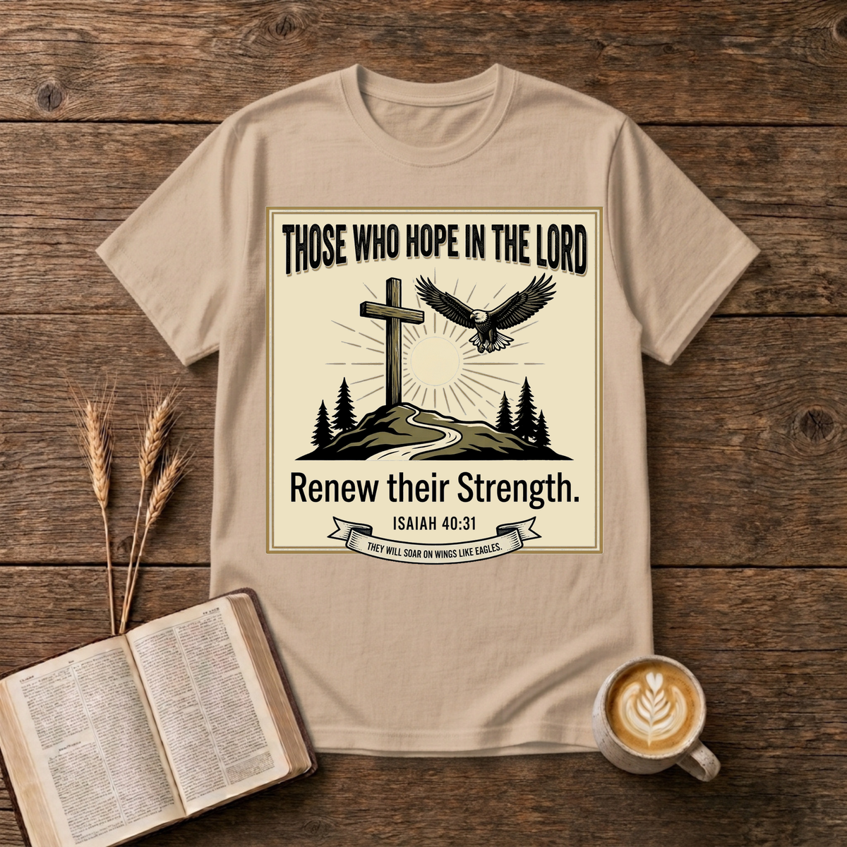 Hand-etched cross on a hill beneath a rising sun with an eagle overhead in a wreath frame on a Natural unisex T-Shirt