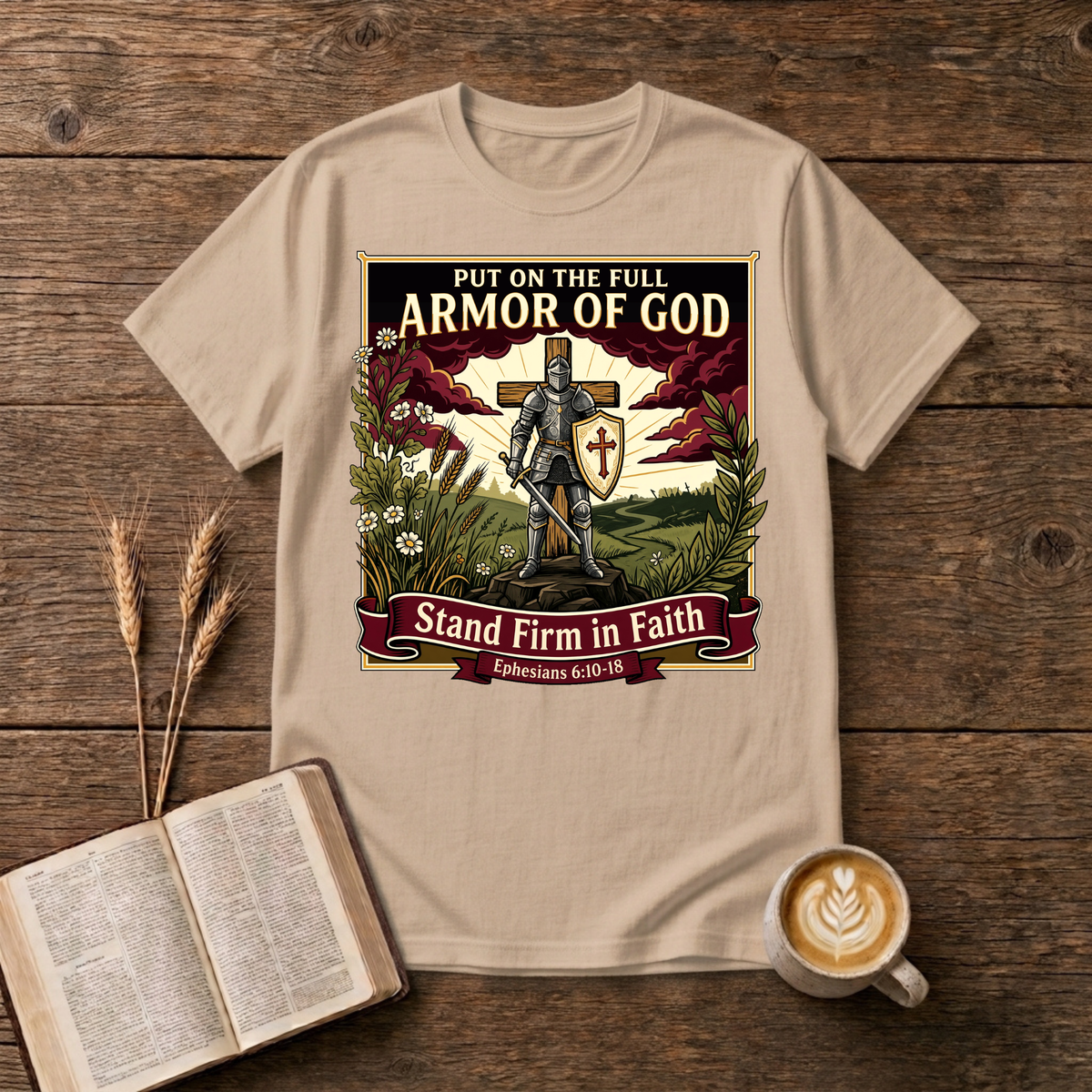 Armor of God design of a figure standing firm with a shield and cross under dramatic skies on a Natural unisex T-Shirt