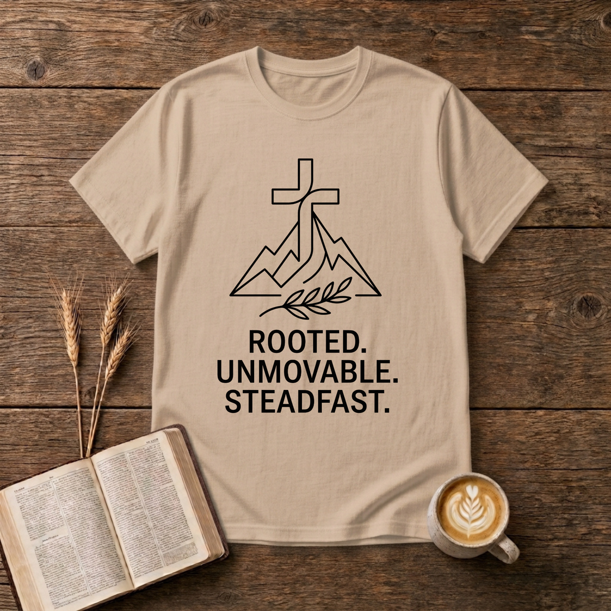Line-drawn cross above stylized mountain peaks with Rooted Unmovable Steadfast on a Natural unisex T-Shirt