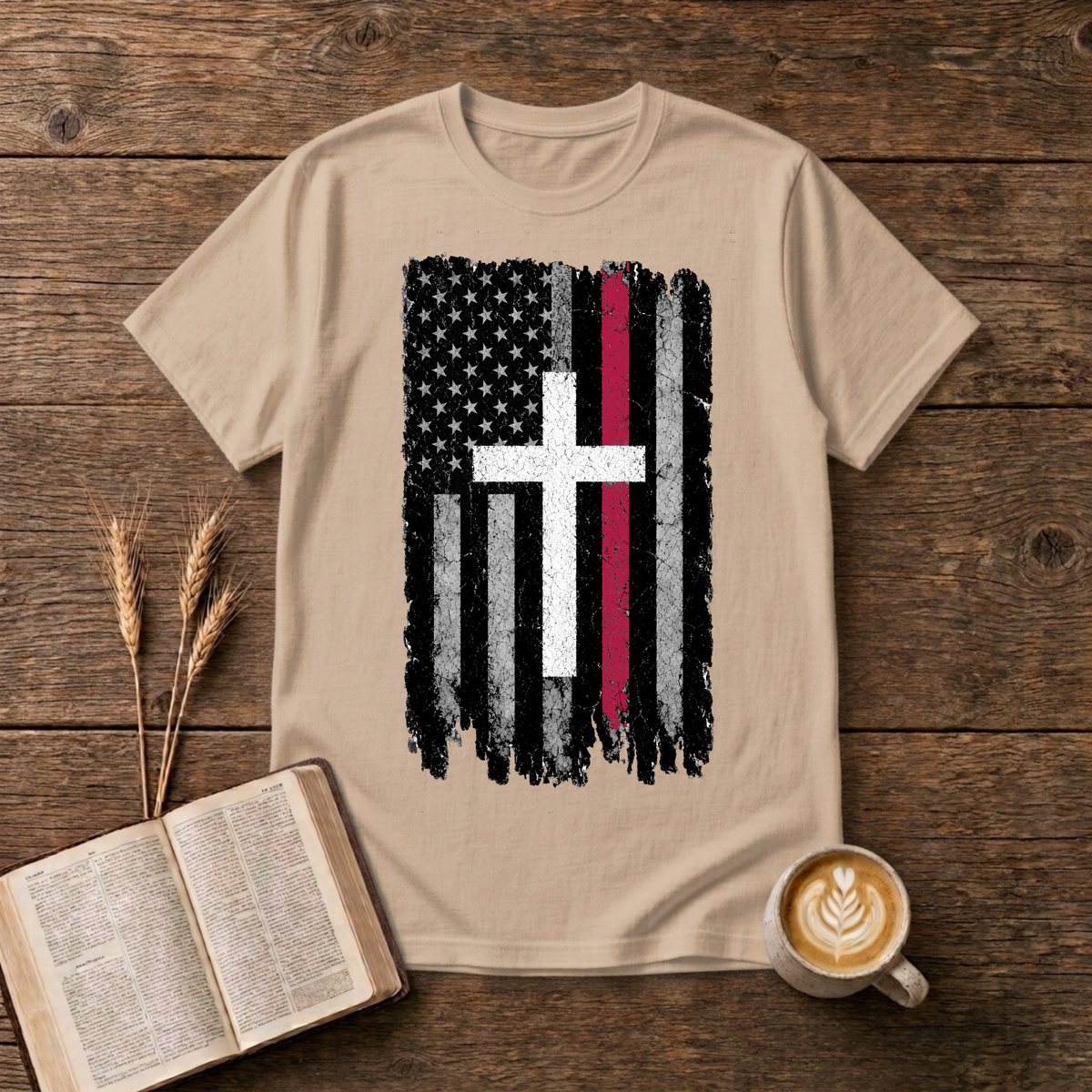 Grayscale American flag with a thin red stripe and cross motif on a Natural unisex T-Shirt