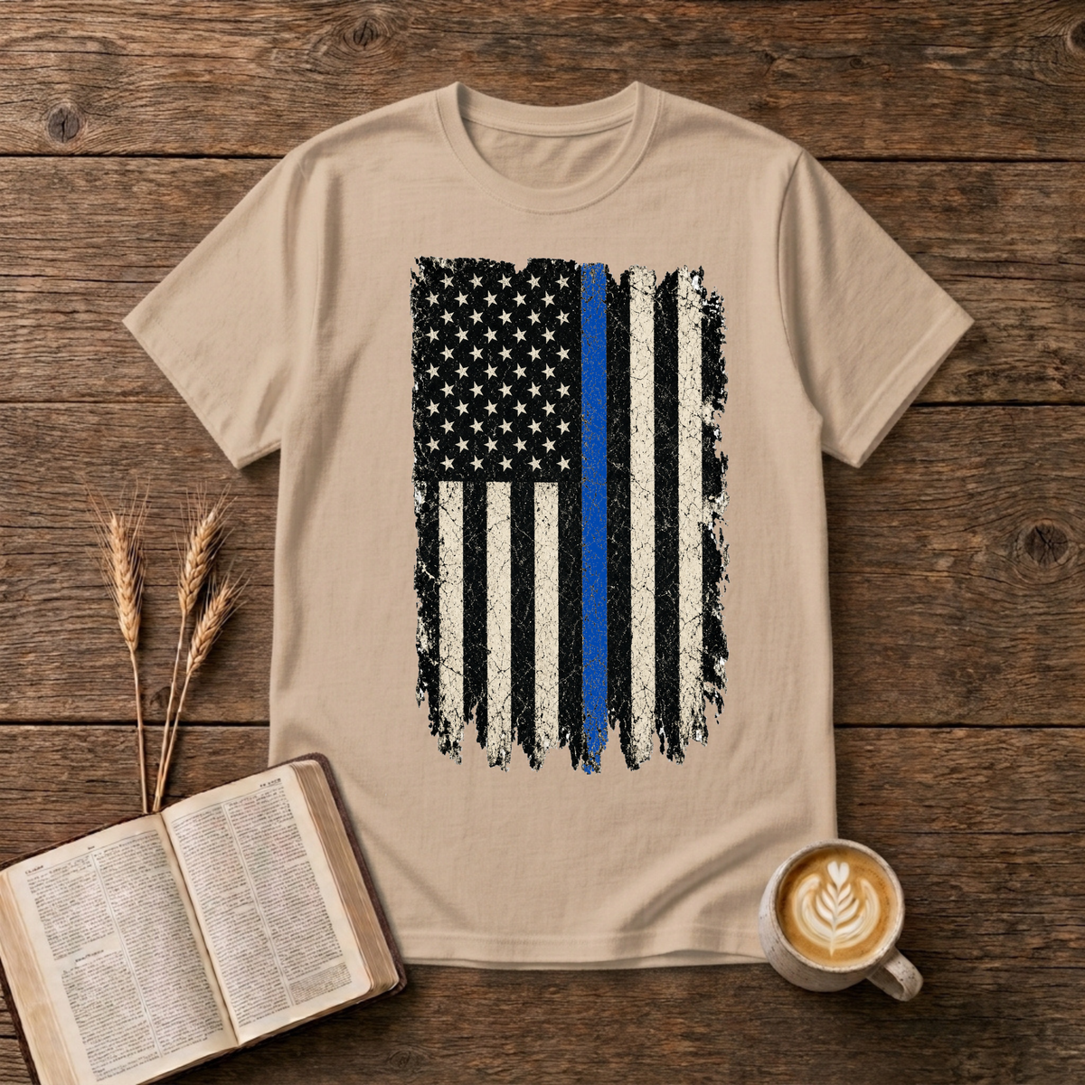 Distressed black and white American flag with a thin blue line on a Natural unisex T-Shirt