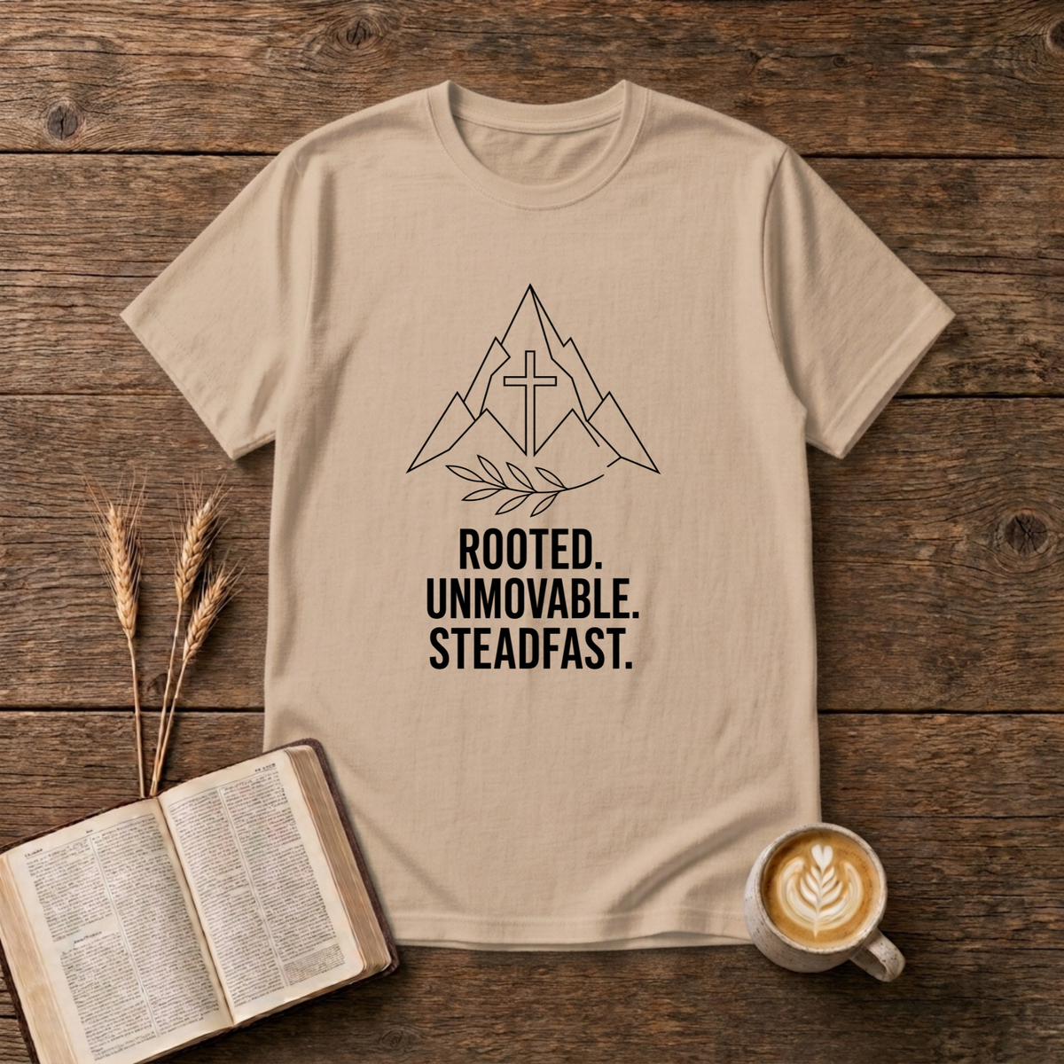 Minimalist mountain outline with centered cross and laurel sprig, Rooted Unmovable Steadfast on a Natural unisex T-Shirt