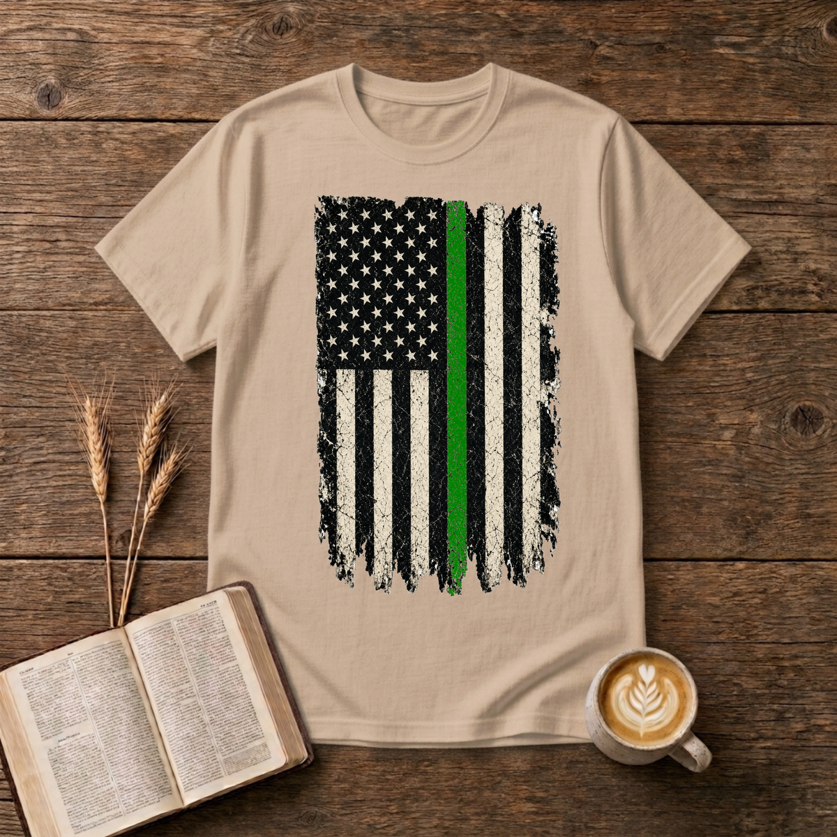 Distressed monochrome American flag with a thin green line on a Natural unisex T-Shirt