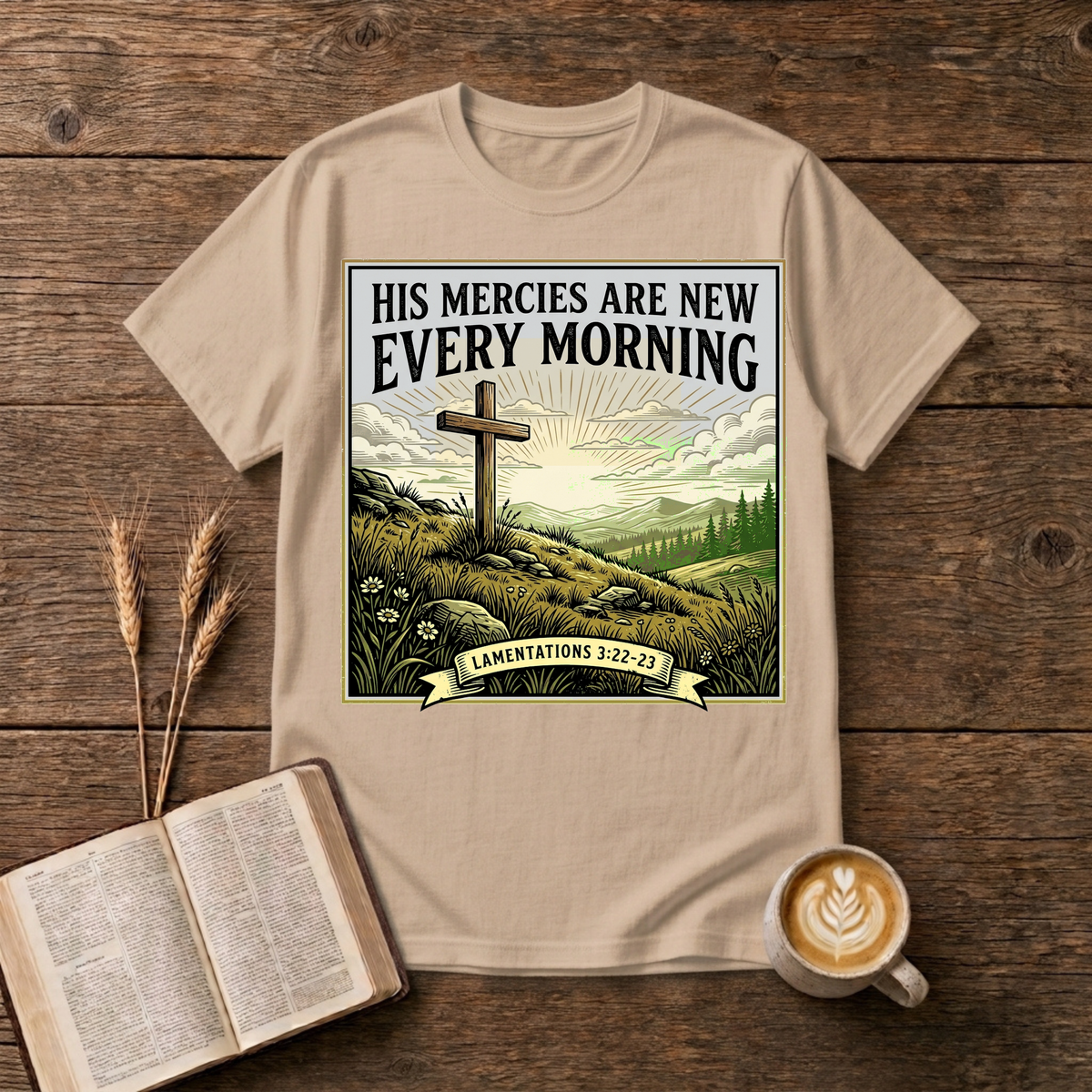 Grayscale cross on a rocky rise with His mercies are new every morning on a Natural unisex T-Shirt