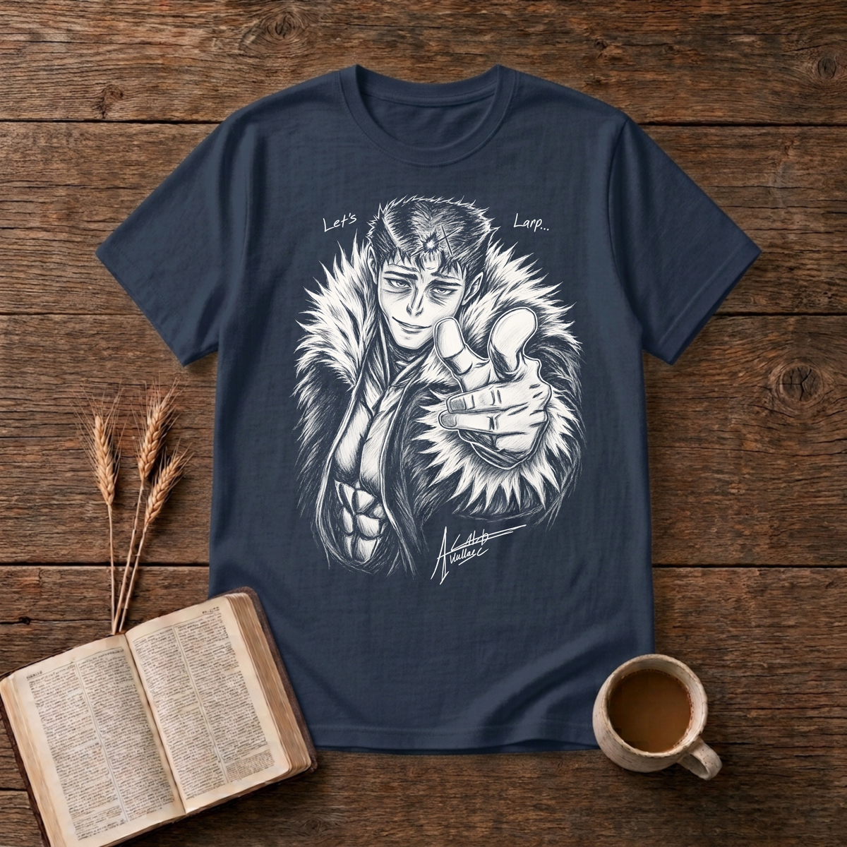 Monochrome anime character in a fur collar reaching out, Let's Larp on a Navy unisex T-Shirt