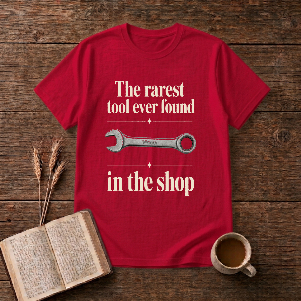 Vintage-style wrench graphic with understated text on a Red unisex T-Shirt