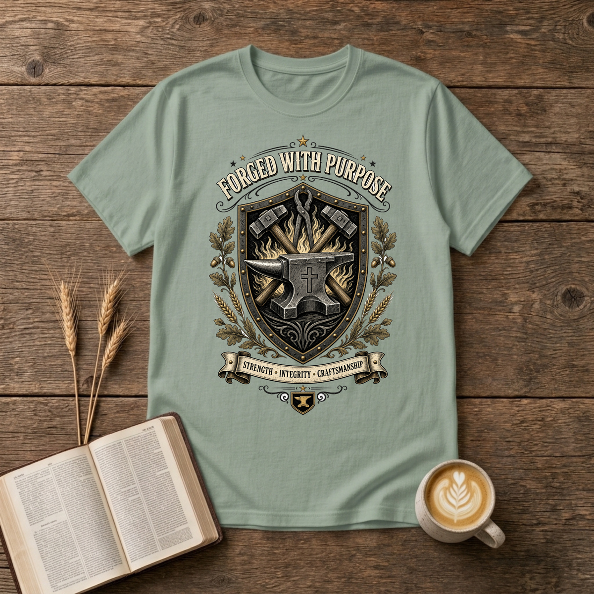 Monochrome blacksmith crest with anvil, hammer and forge flames framed by laurel on a Sage unisex T-Shirt