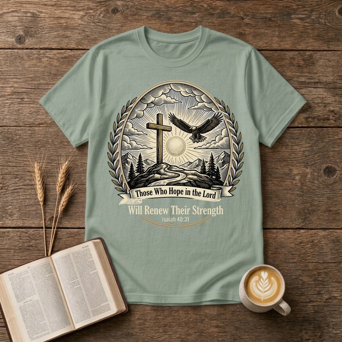 Those Who Hope in the Lord cross and eagle design, Isaiah 40:31 on a Sage unisex T-Shirt