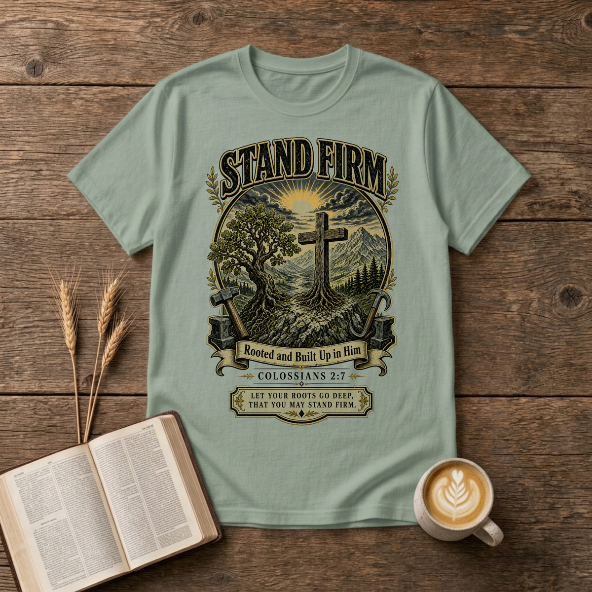 Stand Firm pastoral scene with a cross on a hill, oak trees and rising sun on a Sage unisex T-Shirt