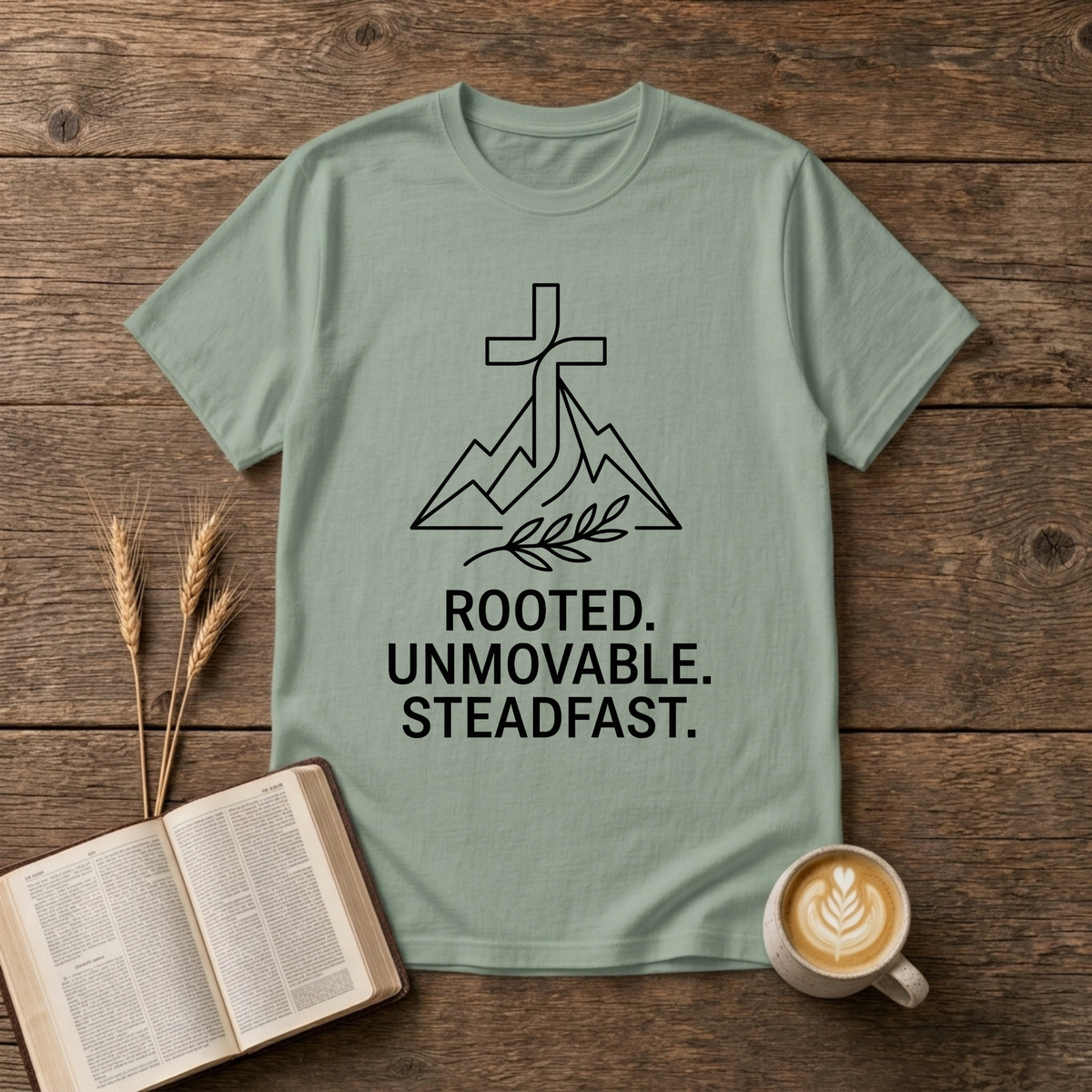 Line-drawn cross above stylized mountain peaks with Rooted Unmovable Steadfast on a Sage unisex T-Shirt