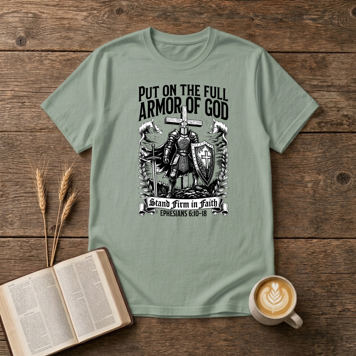 Black-and-white knight in armor with the words Put on the full Armor of God on a Sage unisex T-Shirt