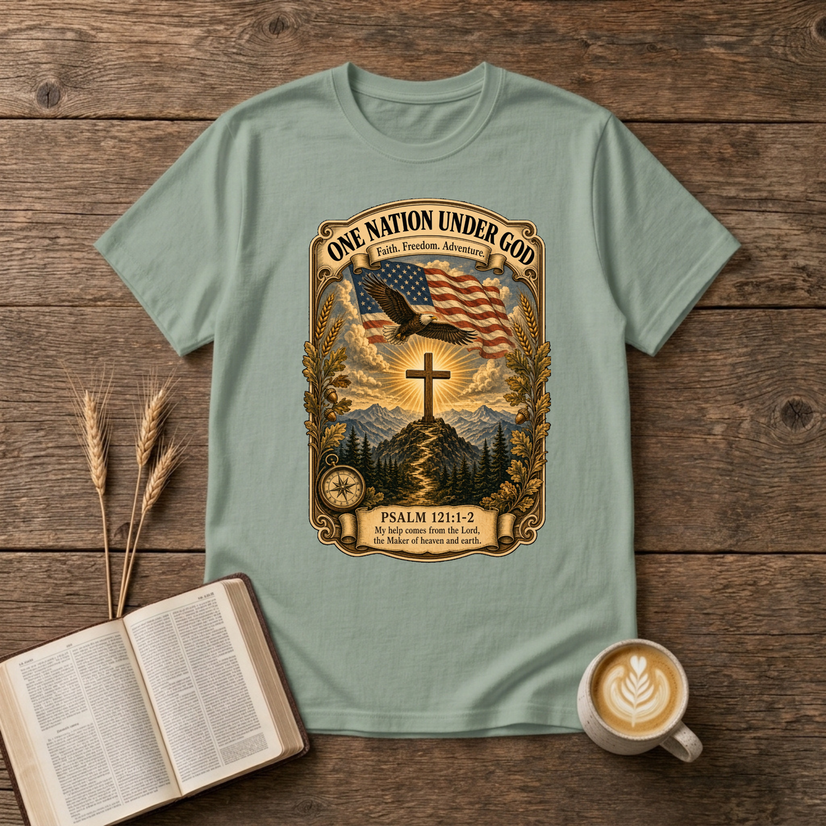 Waving flag, soaring eagle and simple cross over a misty landscape on a Sage unisex T-Shirt