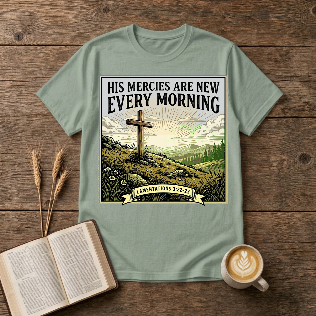 Grayscale cross on a rocky rise with His mercies are new every morning on a Sage unisex T-Shirt
