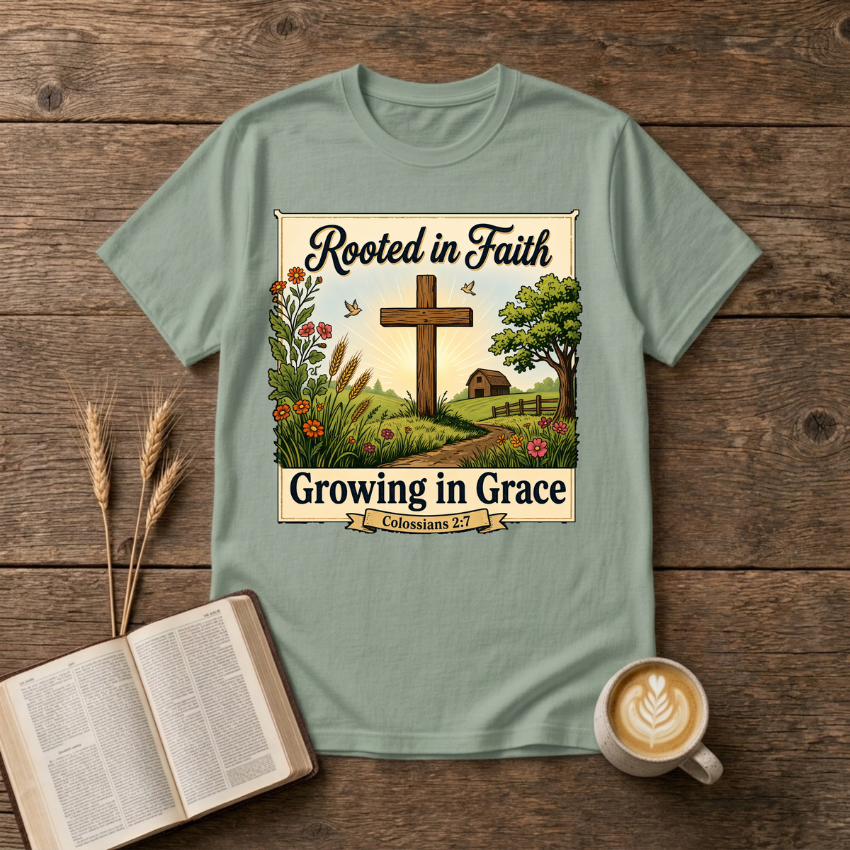 Rooted in Faith Growing in Grace design with a cross, grasses and small farmhouse on a Sage unisex T-Shirt
