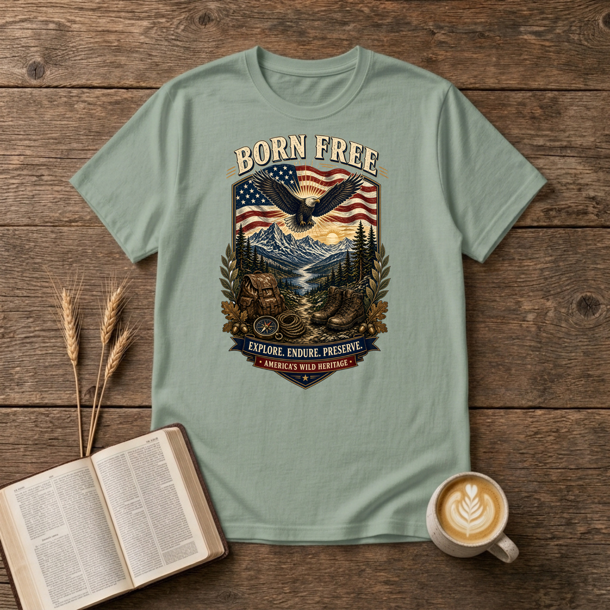Born Free design of a soaring eagle over a waving American flag and pine-lined mountains on a Sage unisex T-Shirt