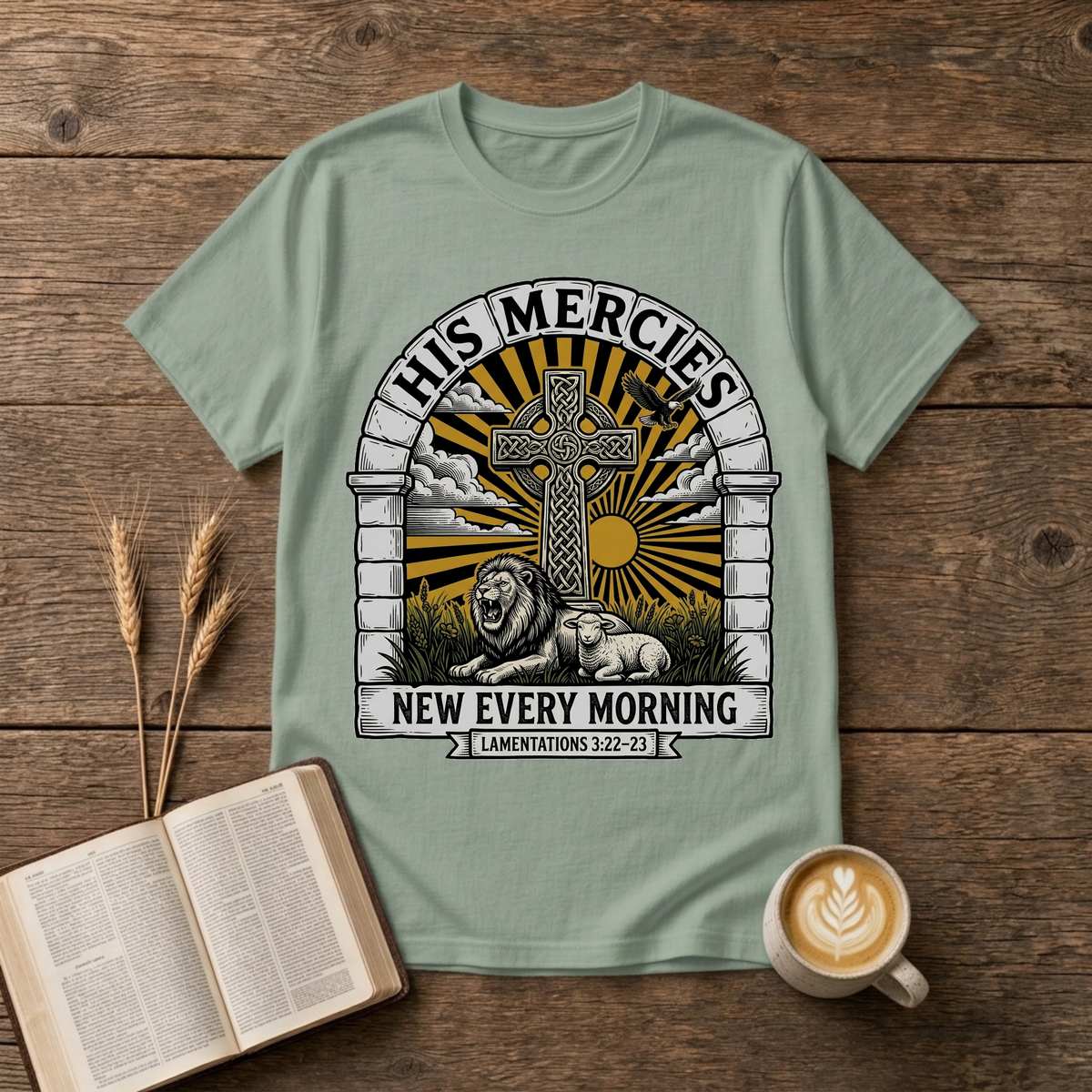 Celtic cross framed by an arched stone motif and sunrise rays on a Sage unisex T-Shirt